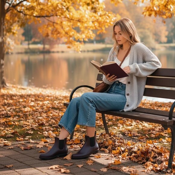 Women's Burgundy Pointed Toe Waterproof Chelsea Double Elastic Ankle Rain Boots - Picture 7 of 8